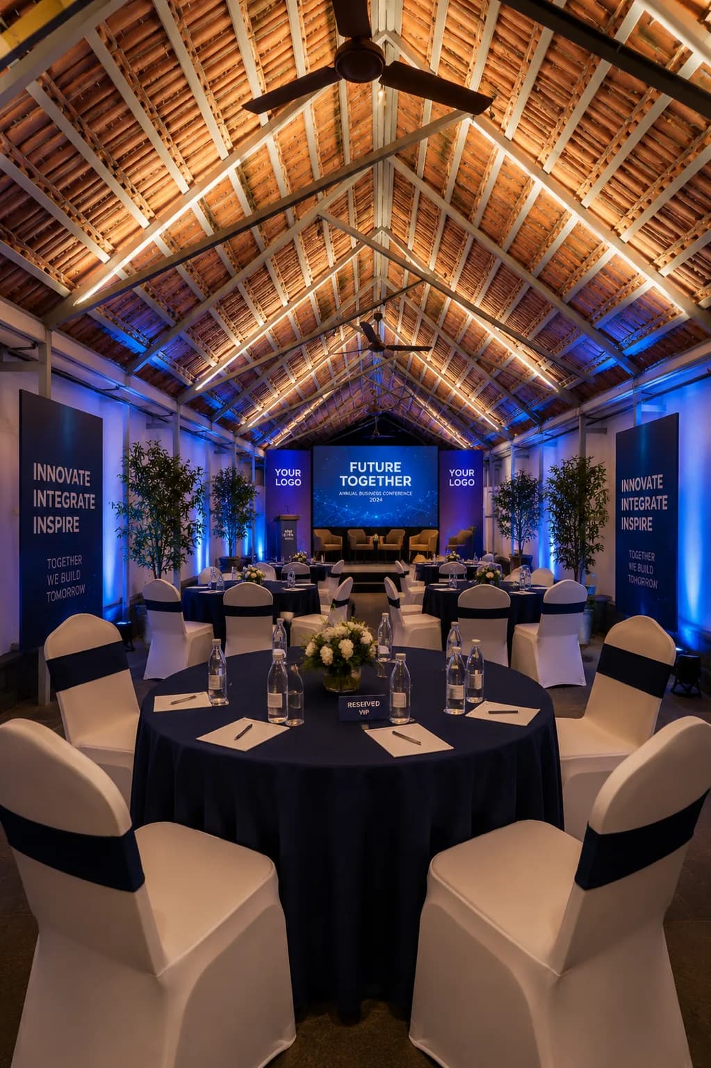 A conference set under the heritage timber roof, with a stage, screen and round tables.