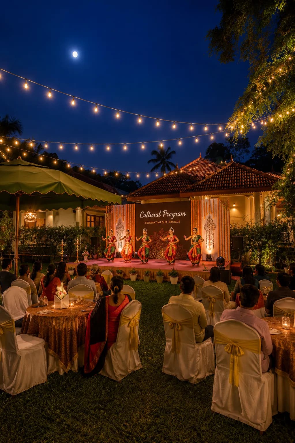 Classical dancers performing on a decorated stage before a seated audience in the garden.