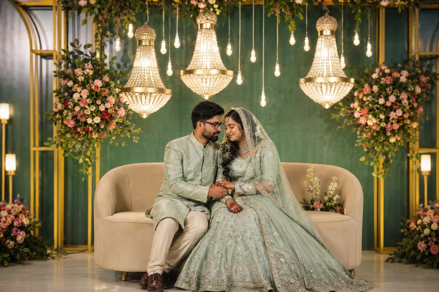 A couple seated beneath chandeliers and floral arches at a wedding reception, Amritha Heritage.