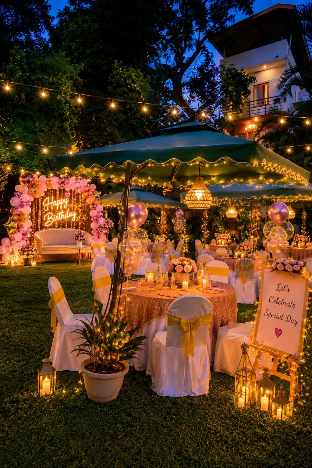 A birthday celebration on the garden lawn with balloon arches and lit canopies.