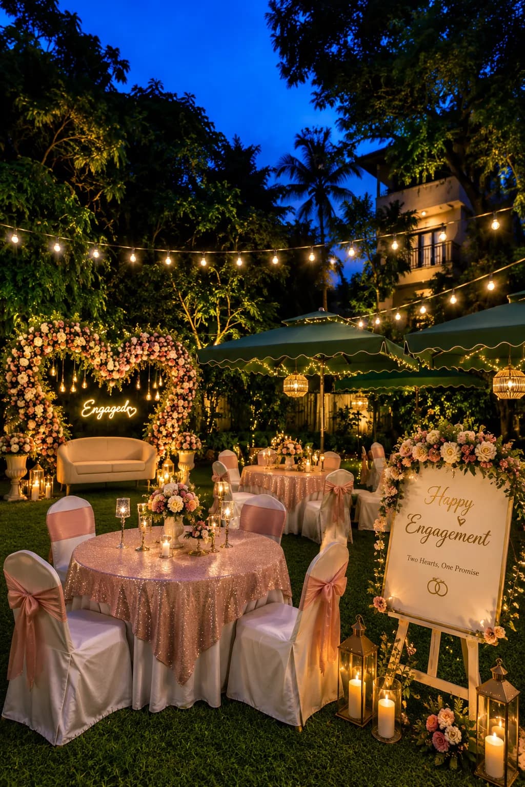 An engagement party laid out on the lawn at dusk, with a floral arch and string lights.